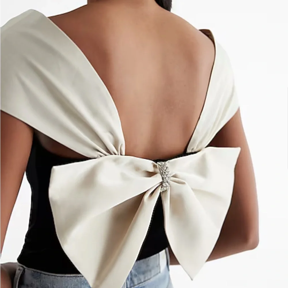 Express Velvet Square Neck Satin Rhinestone Bow Bodysuit - Picture 2 of 6